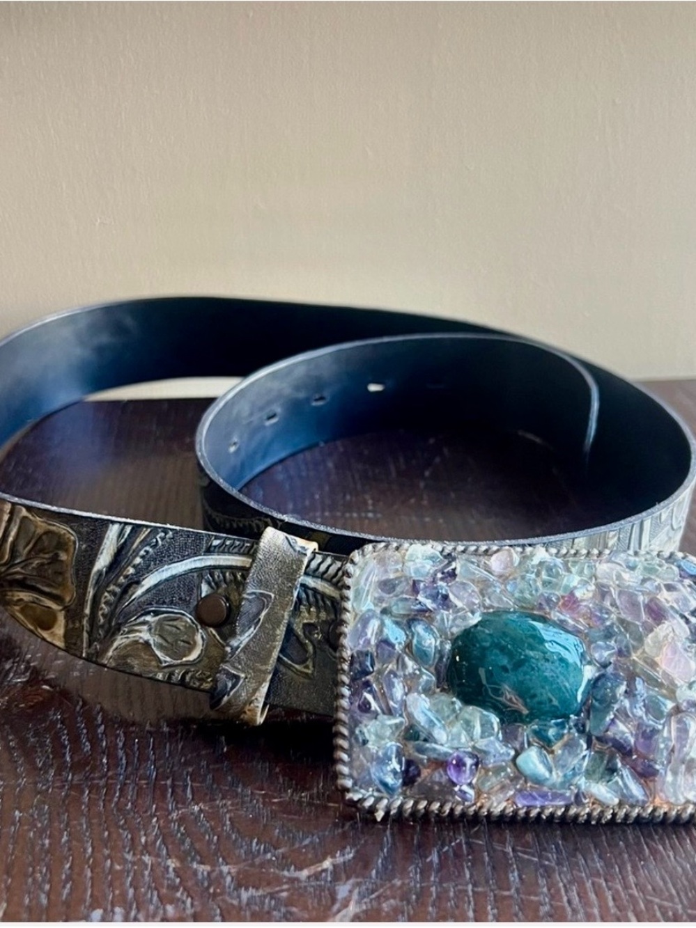 Embellished Leather Belt with Gemstone Buckle